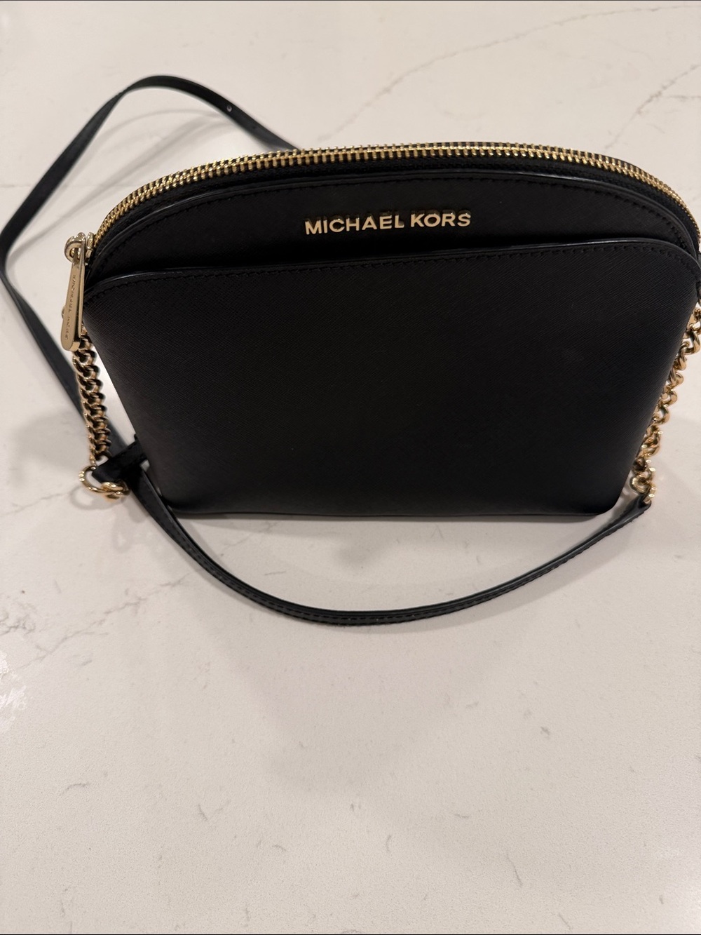 Michael Kors Black Saffiano Leather Dome Crossbody with Gold Hardware